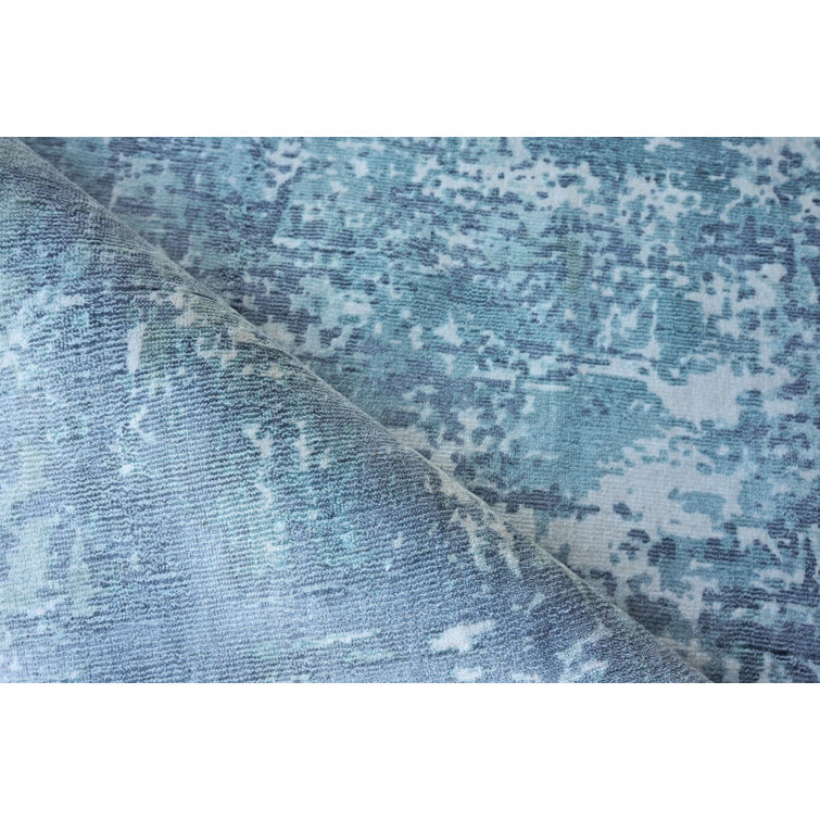 Handmade Blue Abstract Wool and Viscose 10' x 14' Rug