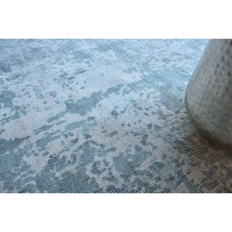 Handmade Blue Abstract Wool and Viscose 10' x 14' Rug