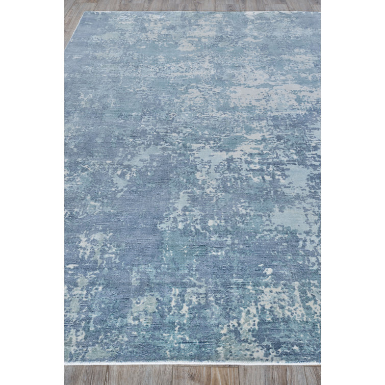 Handmade Blue Abstract Wool and Viscose 10' x 14' Rug
