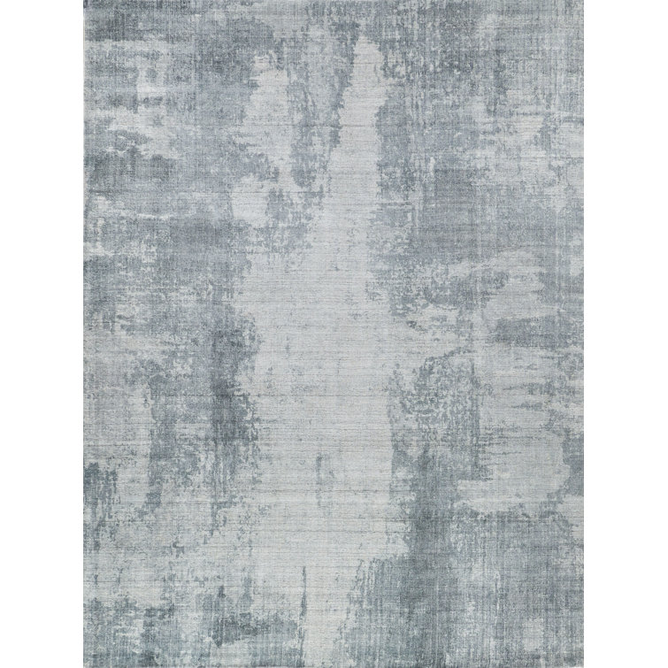 Blue and Gray Hand-Knotted Wool Viscose 10' x 14' Rug