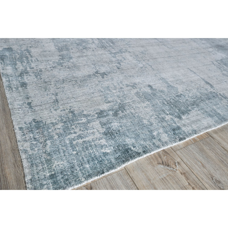 Blue and Gray Hand-Knotted Wool Viscose 10' x 14' Rug