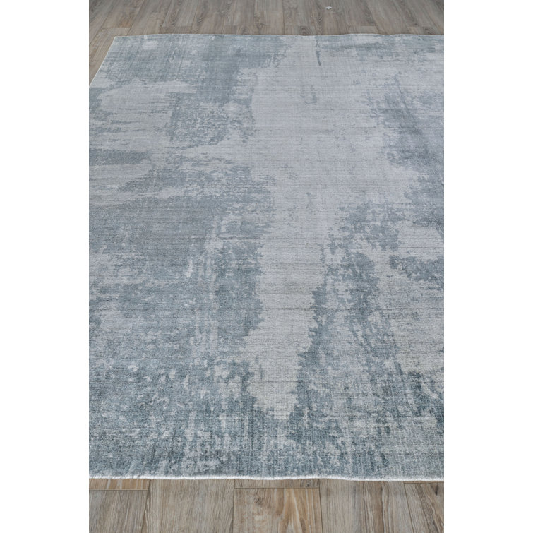 Blue and Gray Hand-Knotted Wool Viscose 10' x 14' Rug