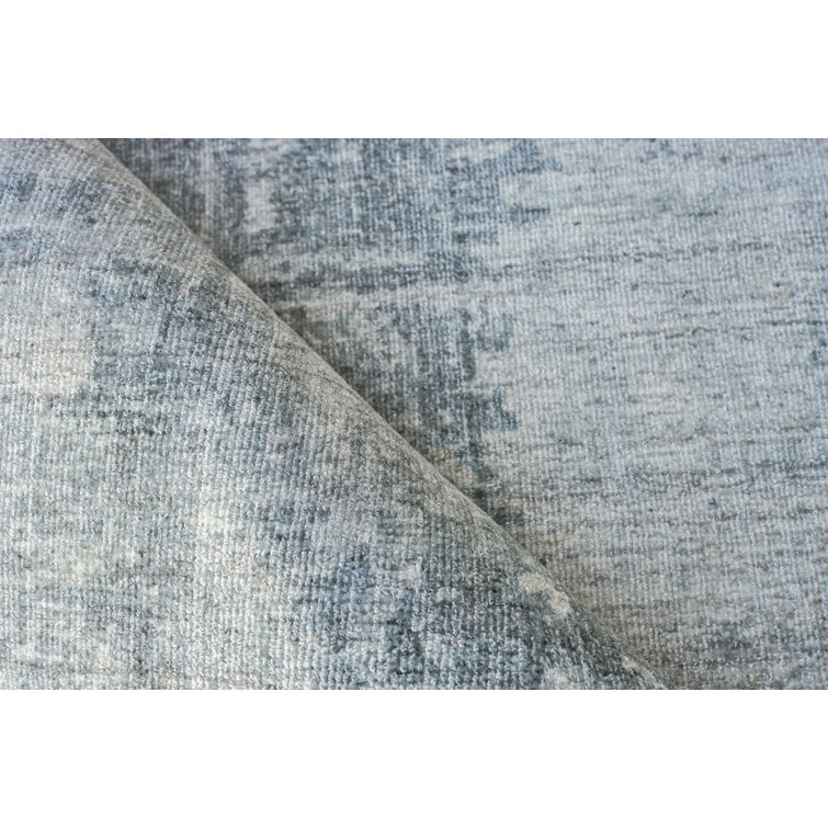 Blue and Gray Hand-Knotted Wool Viscose 10' x 14' Rug