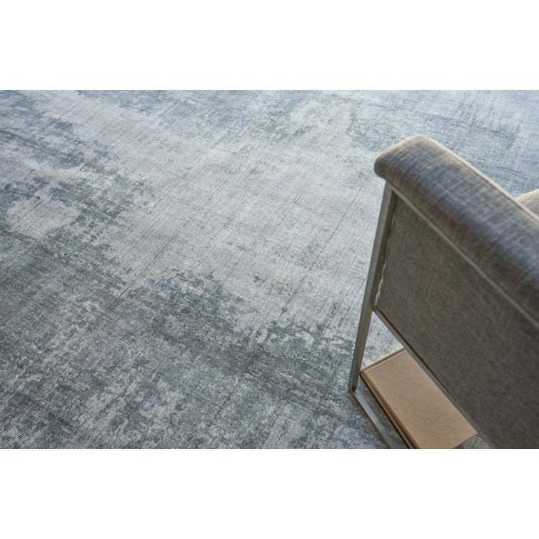 Blue and Gray Hand-Knotted Wool Viscose 10' x 14' Rug