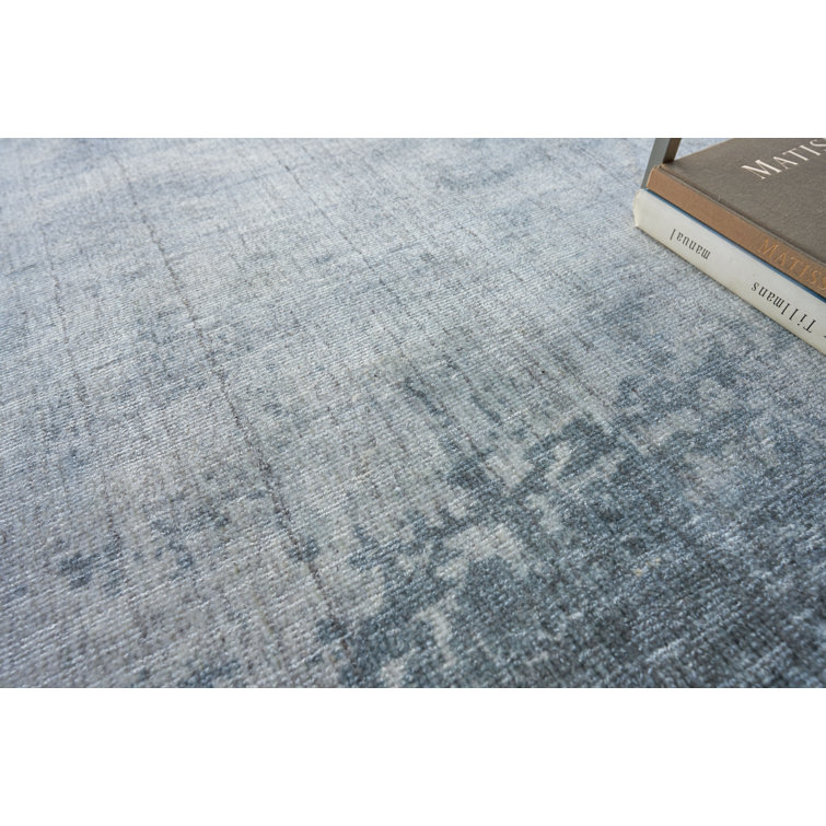 Blue and Gray Hand-Knotted Wool Viscose 10' x 14' Rug