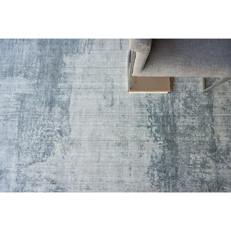 Blue and Gray Hand-Knotted Wool Viscose 10' x 14' Rug