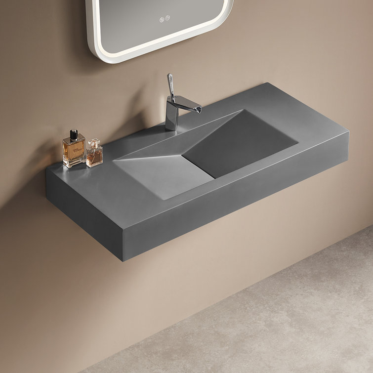 Gray Rectangular Wall-Mount Solid Surface Bathroom Sink