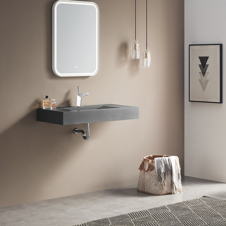 Gray Rectangular Wall-Mount Solid Surface Bathroom Sink