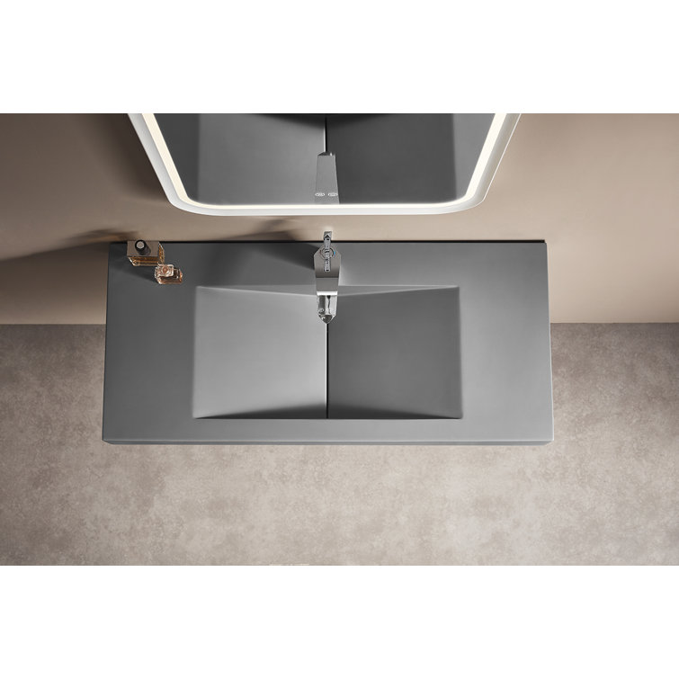 Gray Rectangular Wall-Mount Solid Surface Bathroom Sink