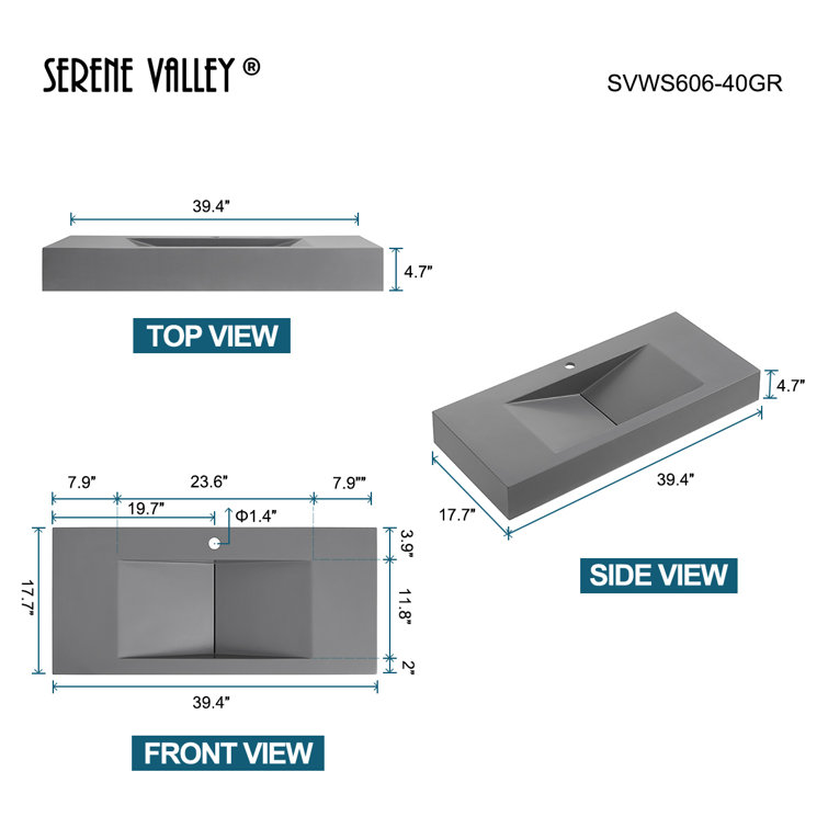 Gray Rectangular Wall-Mount Solid Surface Bathroom Sink