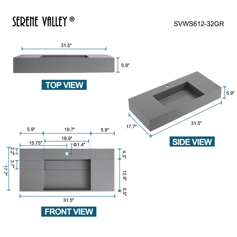 Matte Gray Rectangular Solid Surface Wall-Mount Bathroom Sink