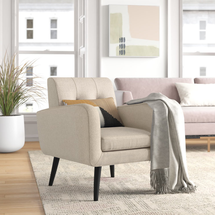 Beige Upholstered Mid-Century Modern Armchair with Wood Legs