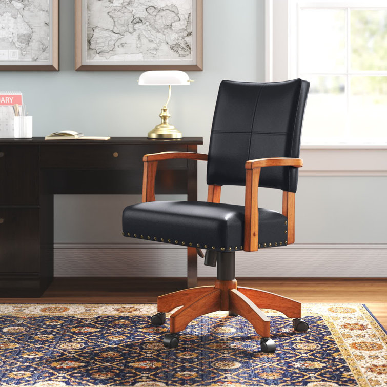 Deluxe Black Leather Swivel Banker Chair with Wood Accents