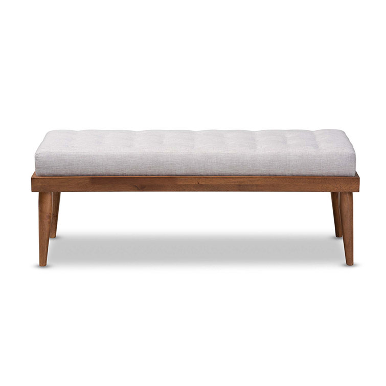 Grayish Beige Foam Upholstered Bench with Walnut Finish