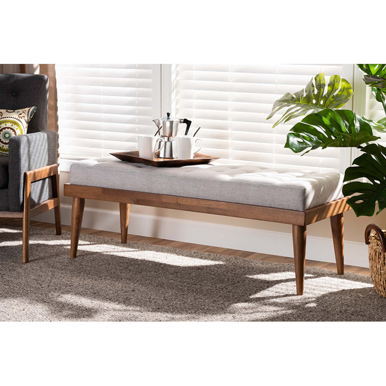 Grayish Beige Foam Upholstered Bench with Walnut Finish