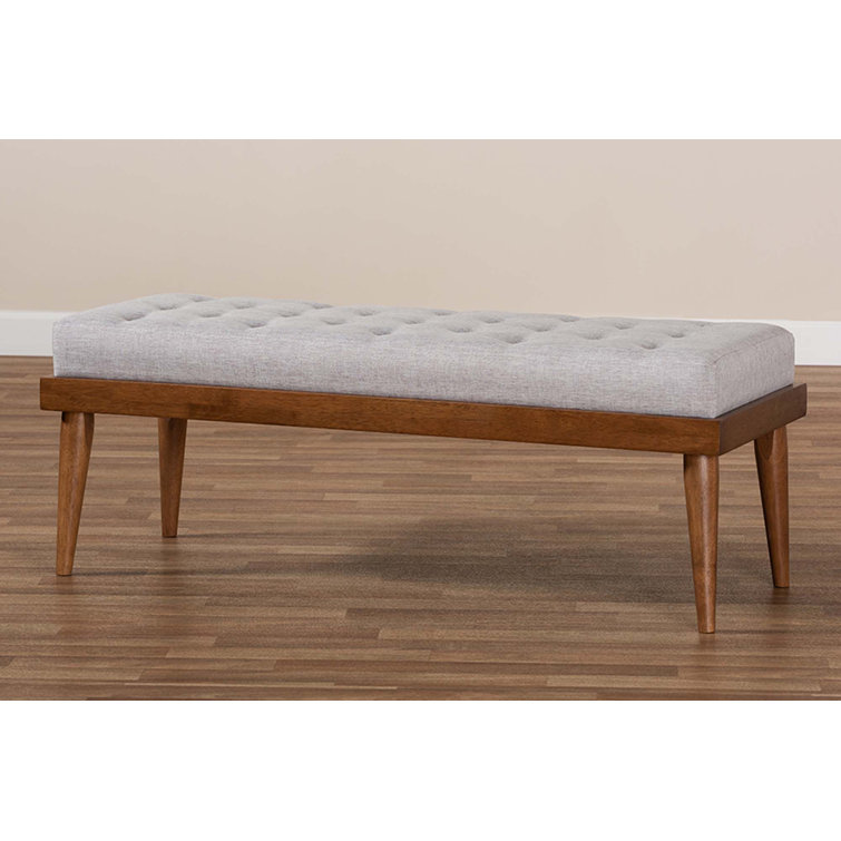 Grayish Beige Foam Upholstered Bench with Walnut Finish