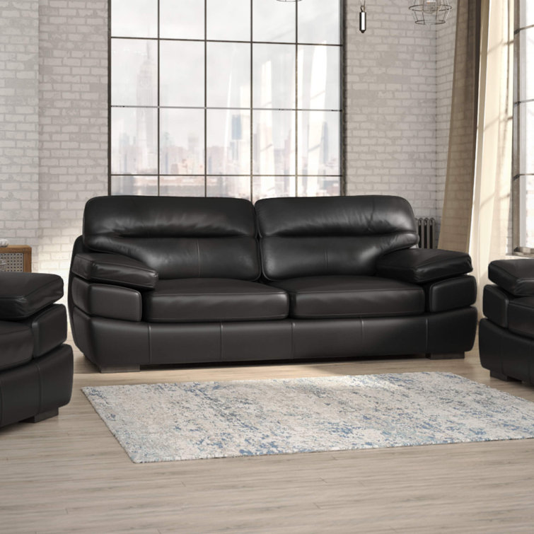 Jayson Transitional Black Top Grain Leather Sofa with Pillow-Top Arms