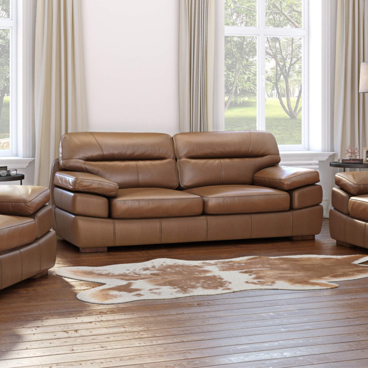 Chestnut Brown Tufted Leather Sofa with Pillow-Top Arms