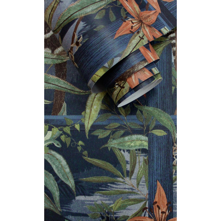 Navy Tropical Floral Foliage Non-Woven Wallpaper Double Roll