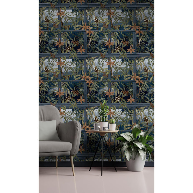Navy Tropical Floral Foliage Non-Woven Wallpaper Double Roll