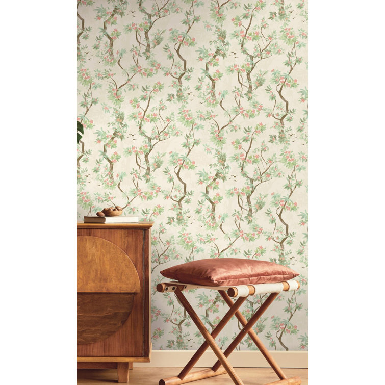 Cream and Pink Textured Non-Woven Tropical Wallpaper Roll