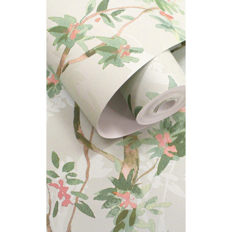 Cream and Pink Textured Non-Woven Tropical Wallpaper Roll