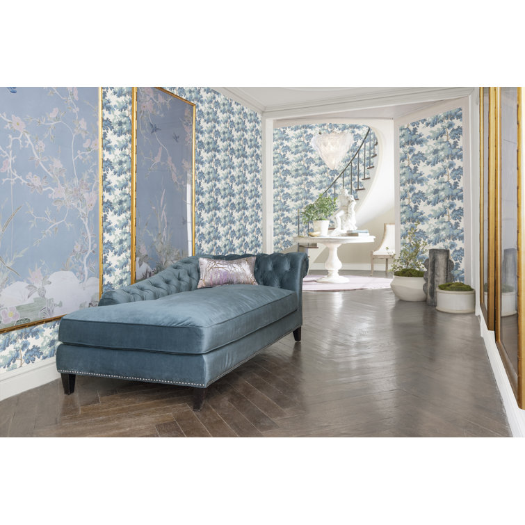 Bibiano Luxe Velvet Blue Wood Stationary Chaise with Silver Nail-head Detailing