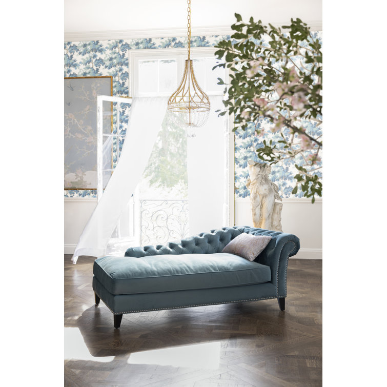 Bibiano Luxe Velvet Blue Wood Stationary Chaise with Silver Nail-head Detailing
