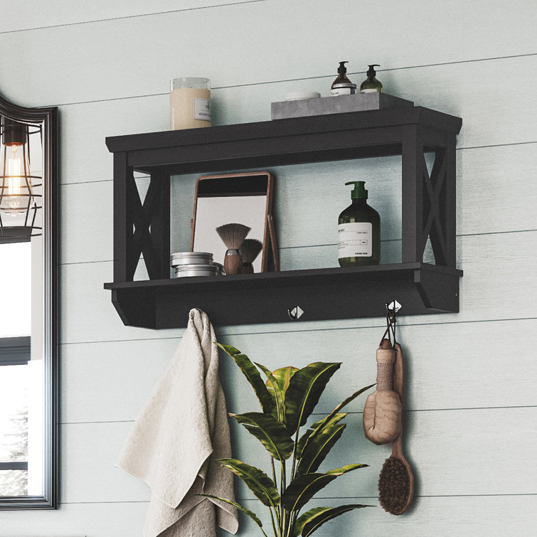 Black Wood Wall Shelf with Hooks and Open Shelves