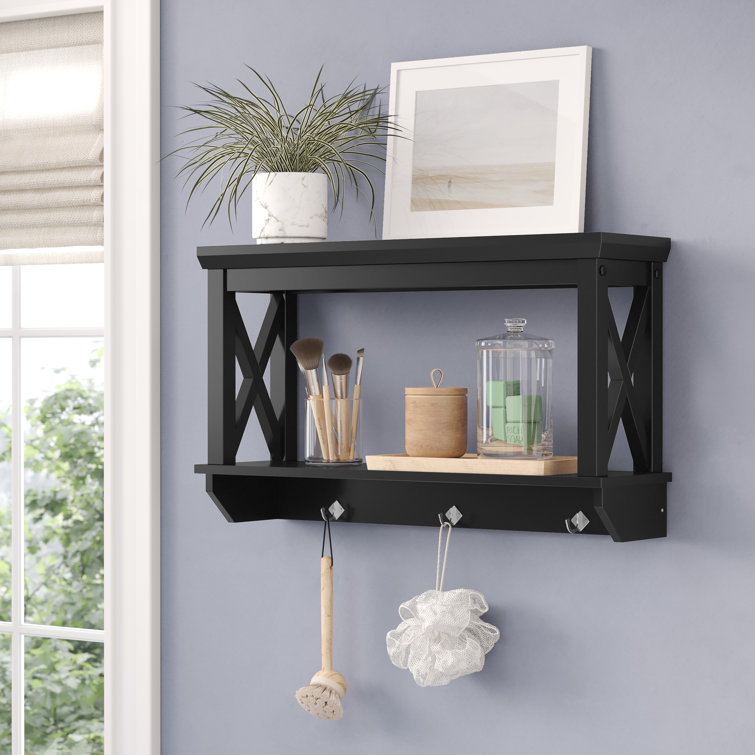 Black Wood Wall Shelf with Hooks and Open Shelves