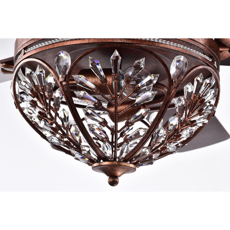 52" Antique Copper Crystal Chandelier Ceiling Fan with Remote