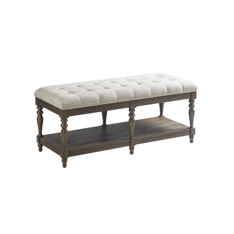 Elegant Ivory Tufted Accent Bench with Turned Legs and Shelf