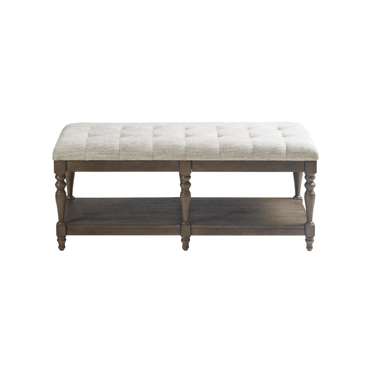 Elegant Ivory Tufted Accent Bench with Turned Legs and Shelf