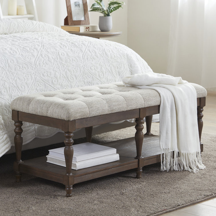 Elegant Ivory Tufted Accent Bench with Turned Legs and Shelf
