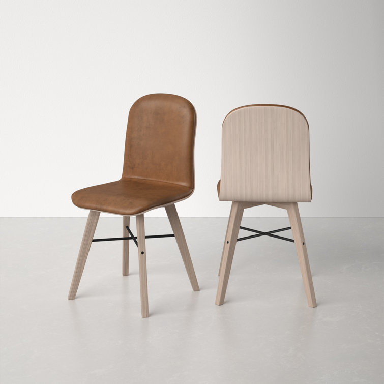 Brown Genuine Leather Upholstered Side Chair with Oak Legs, Set of 2