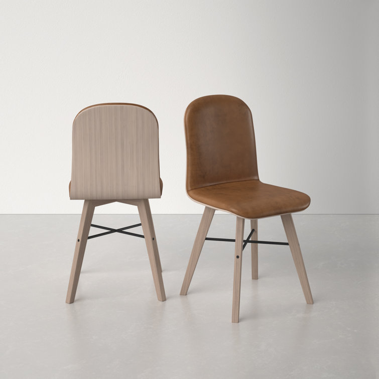 Brown Genuine Leather Upholstered Side Chair with Oak Legs, Set of 2