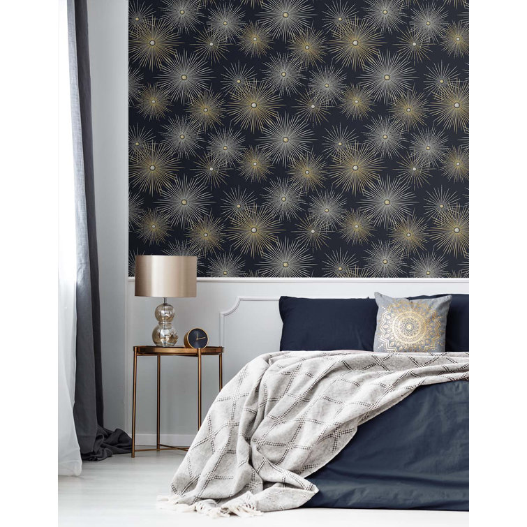 Midnight Blue and Gold Starburst Peel and Stick Wallpaper