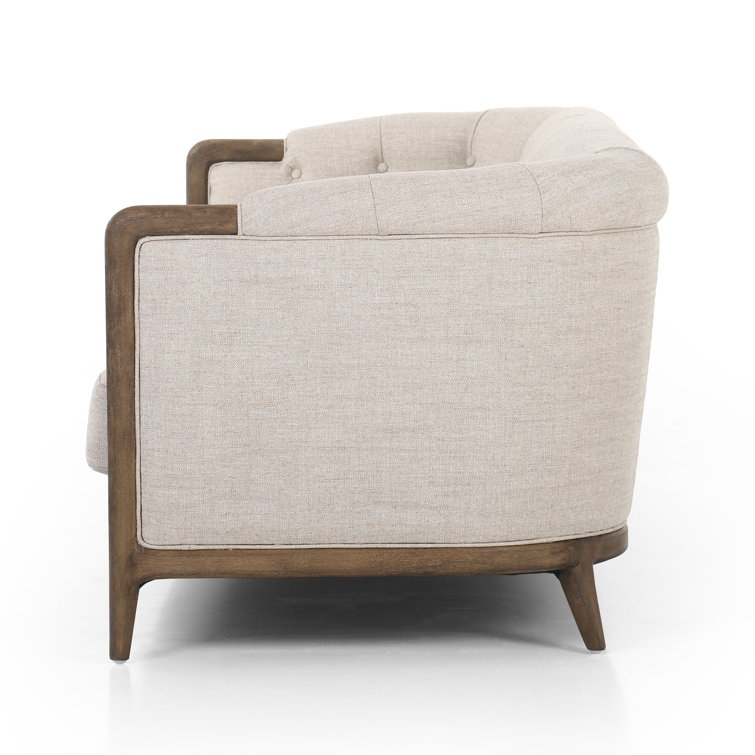 Beige Tufted Linen Sofa with Rolled Arms and Removable Cushions