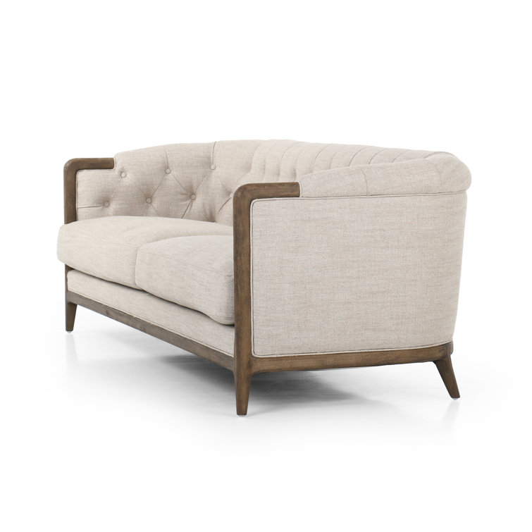 Beige Tufted Linen Sofa with Rolled Arms and Removable Cushions