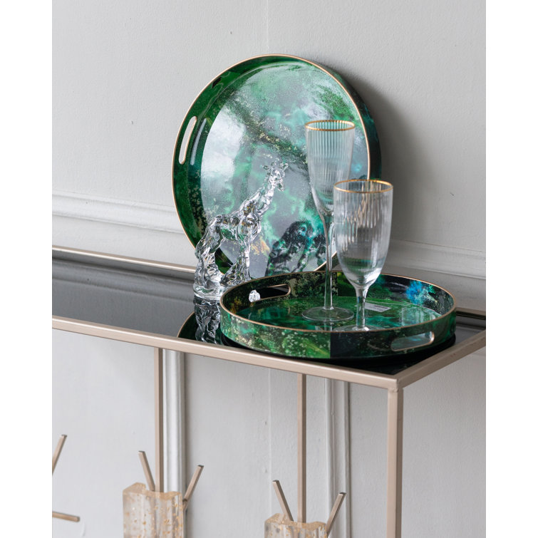 Emerald Elegance Marbled Plastic Serving Tray Set with Cut-Out Handles