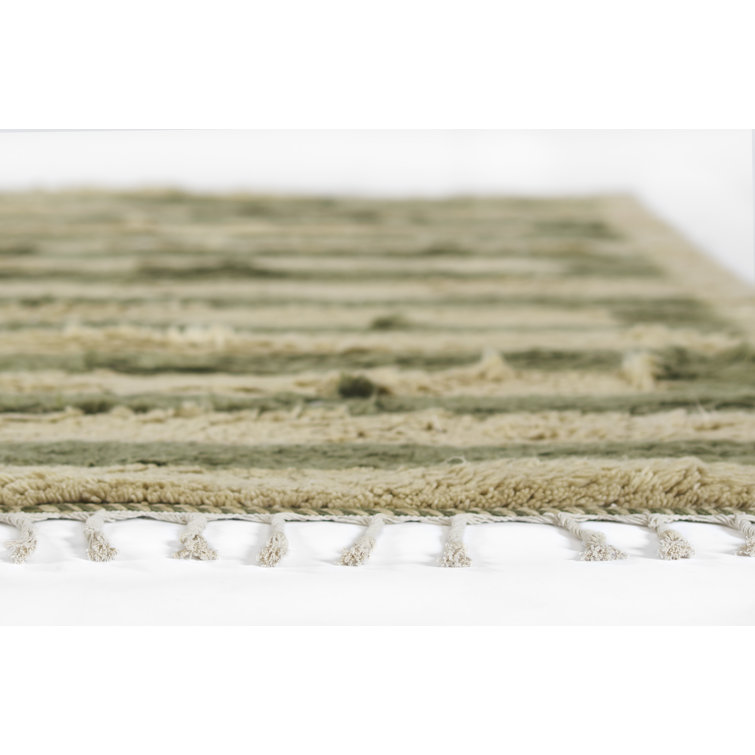 Green and Beige Handwoven Wool Geometric Rug, 5 ft x 8 ft