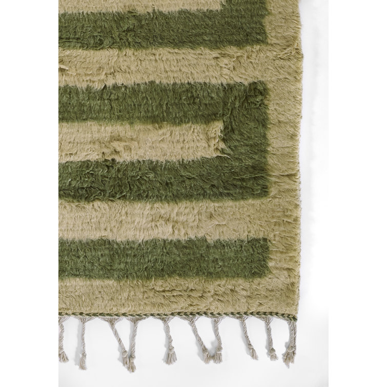 Green and Beige Handwoven Wool Geometric Rug, 5 ft x 8 ft