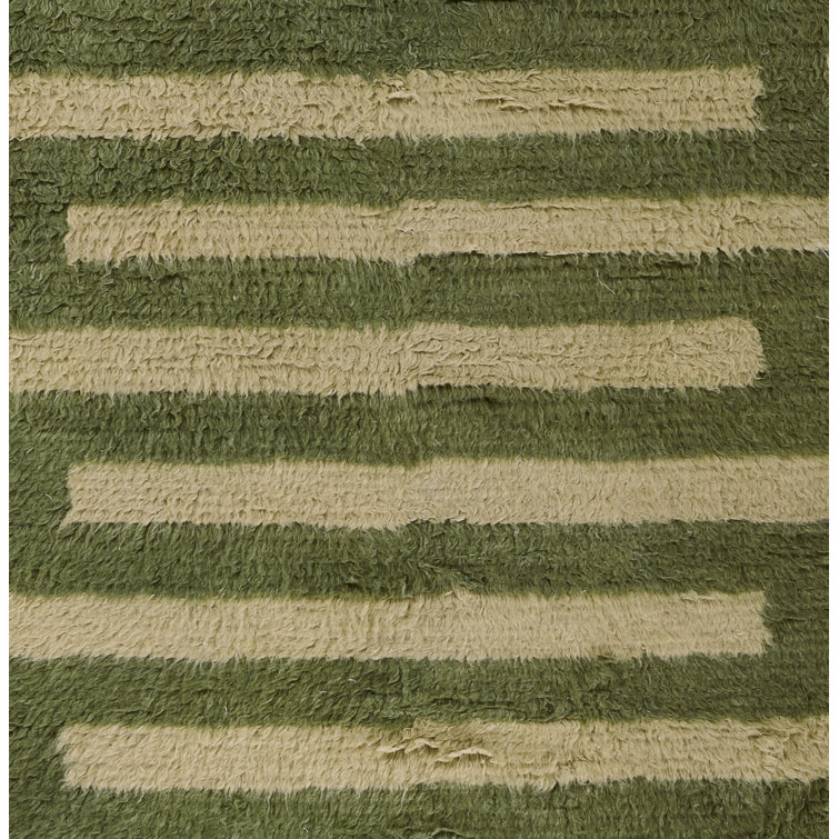Green and Beige Handwoven Wool Geometric Rug, 5 ft x 8 ft