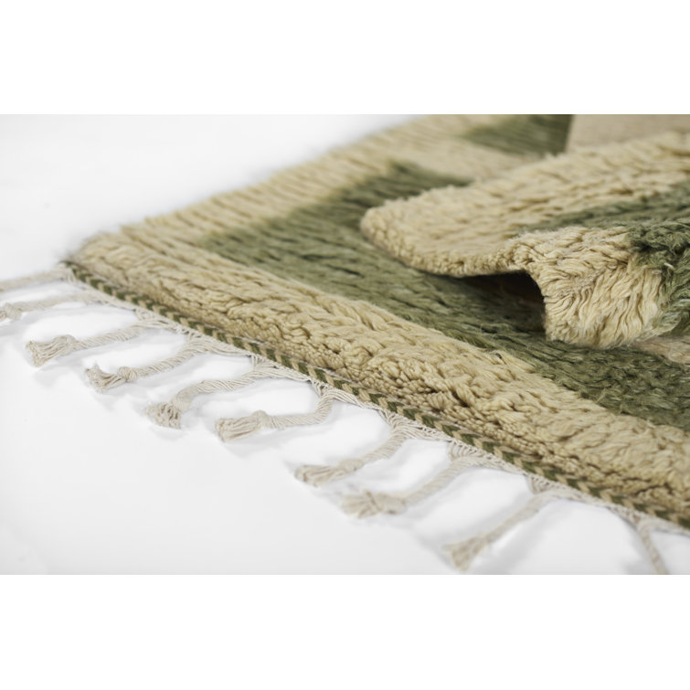 Green and Beige Handwoven Wool Geometric Rug, 5 ft x 8 ft