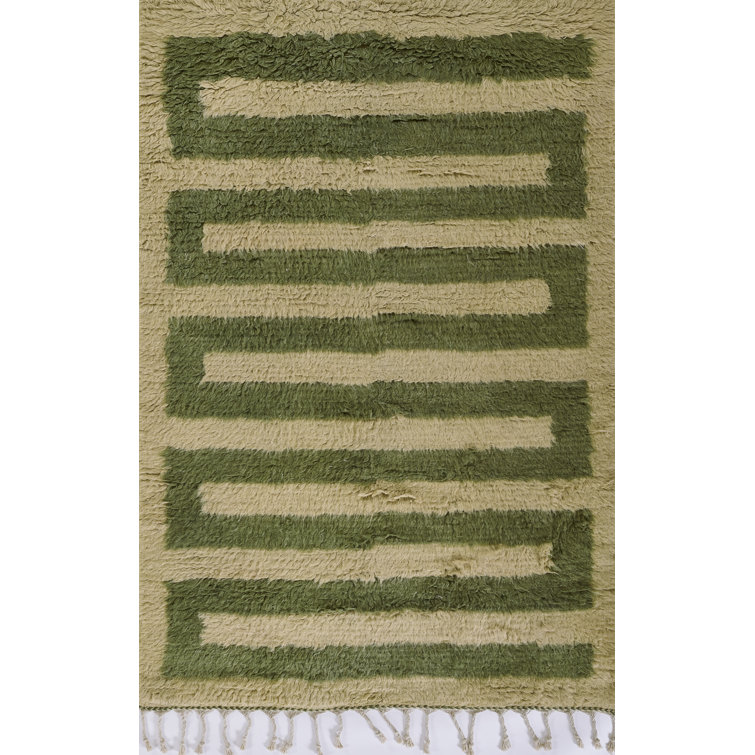 Green and Beige Handwoven Wool Geometric Rug, 5 ft x 8 ft