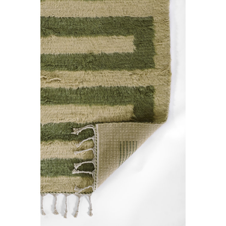 Green and Beige Handwoven Wool Geometric Rug, 5 ft x 8 ft