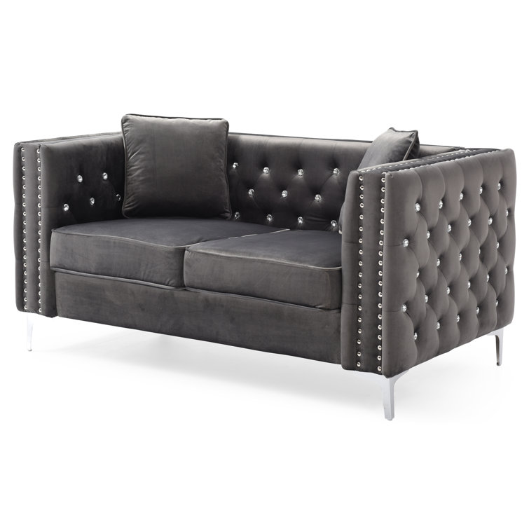 Gray Velvet Tufted Loveseat with Nailhead Trim and Track Arms