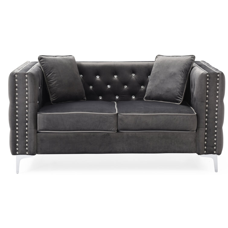 Gray Velvet Tufted Loveseat with Nailhead Trim and Track Arms