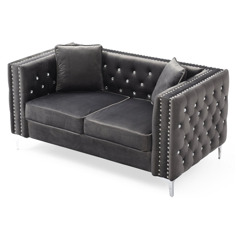 Gray Velvet Tufted Loveseat with Nailhead Trim and Track Arms