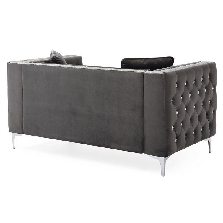 Gray Velvet Tufted Loveseat with Nailhead Trim and Track Arms